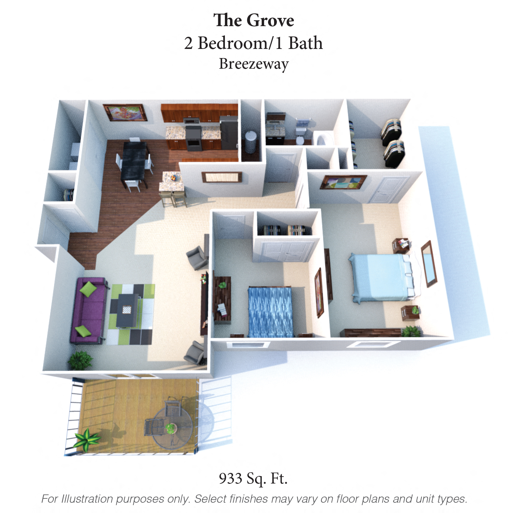 Floor plan for 2 beds, 1 bath, 933 sqft